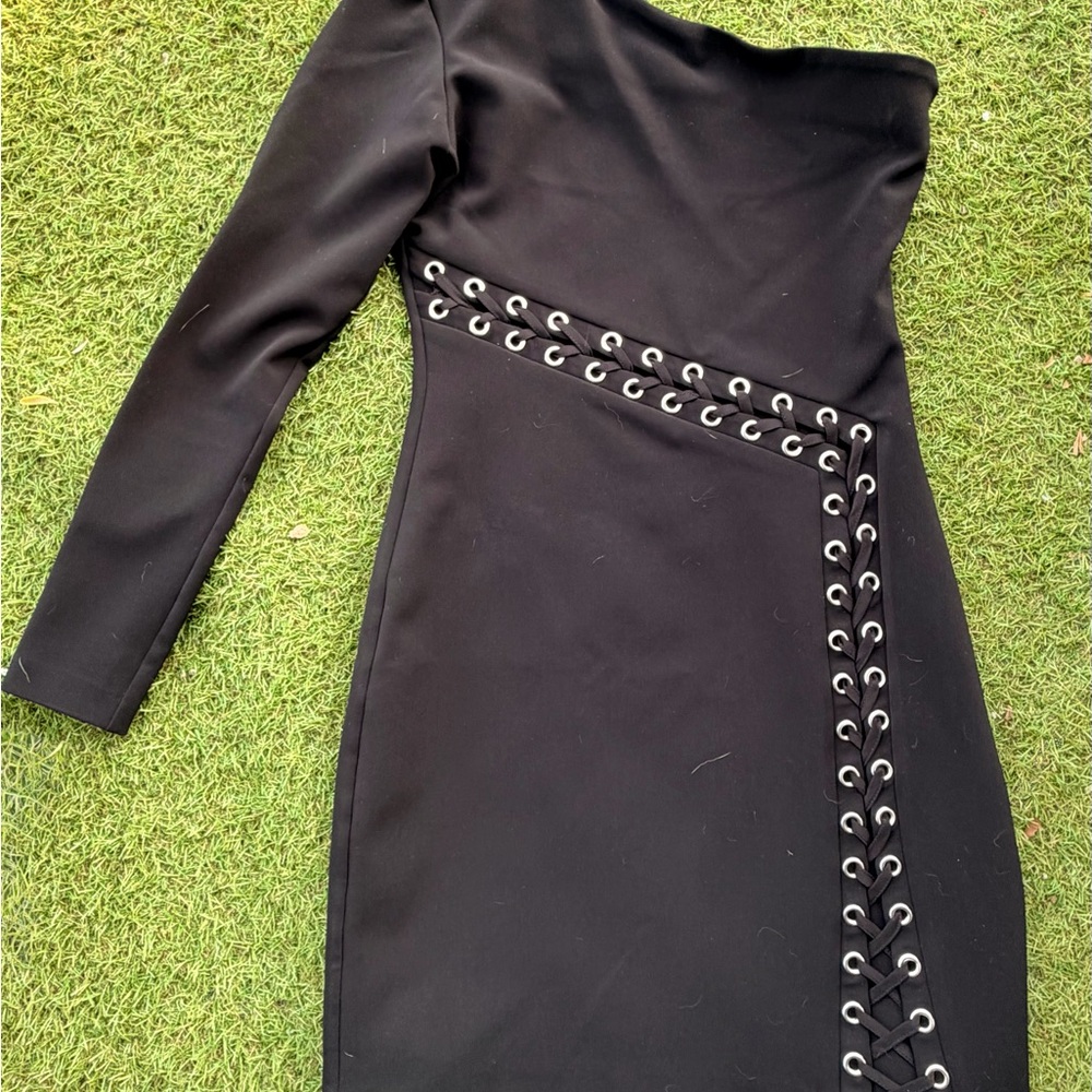 Parker Elegant Black One-Shoulder Dress with Eyelet Detail